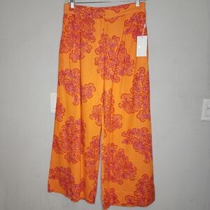 NWT Caroline Constas Linen Wideleg Pleated Orange Purple Print Highrise Pants L